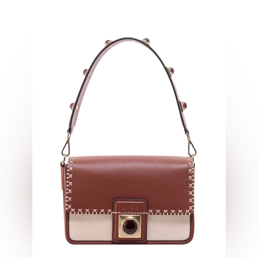 NWT $1850 Etro Studded Bag Crown Me Leather Canvas Hand bag Crossbody Shoulder